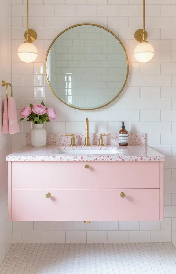 Three-quarter view bathroom with pink terrazzo countertop floating