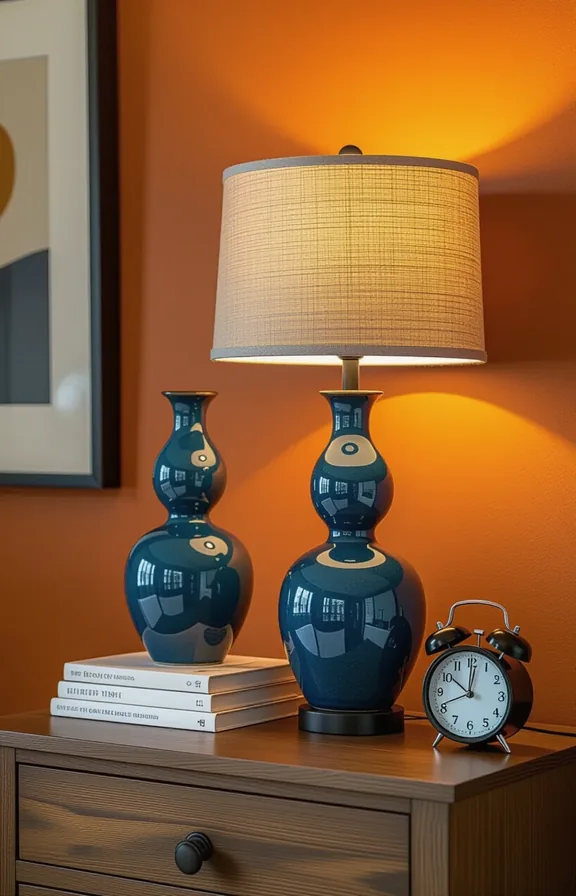 medium shot pair sculptural blue ceramic table lamps