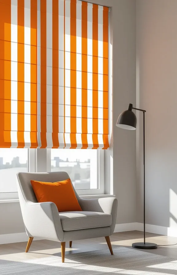 Medium shot large window dressed bold vertical orange