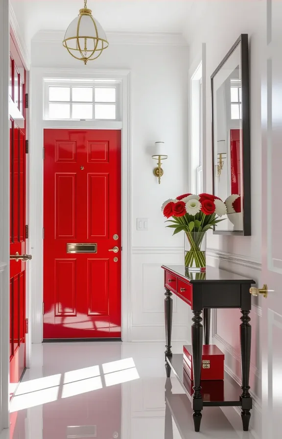Eye-level view from inside home looking glossy fire-engine