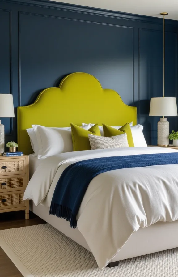 Wide shot bedroom featuring upholstered curvy lime green