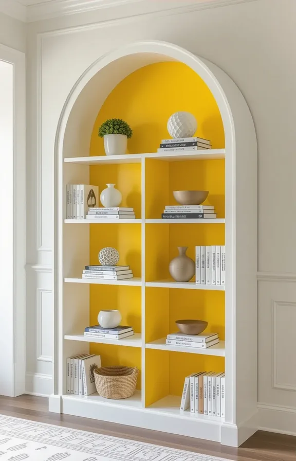 Three-quarter view freestanding arched bookcase painted blocks yellow