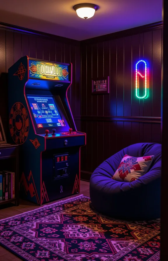 Three-quarter view retro arcade machine the corner basement