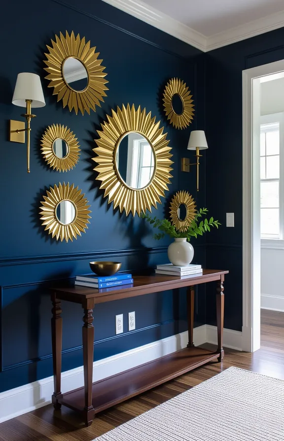 Medium shot gallery wall featuring various sunburst mirrors
