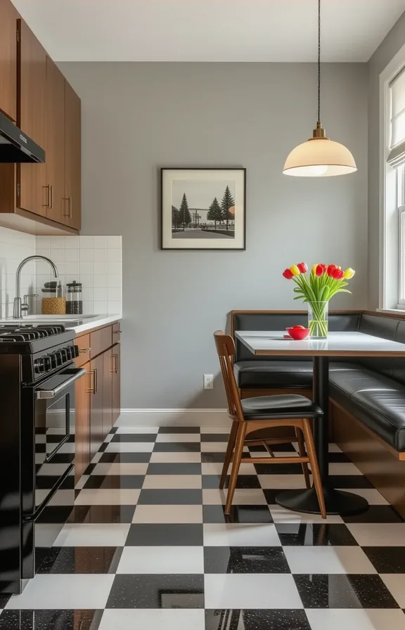 Three-quarter view kitchen with classic black and white