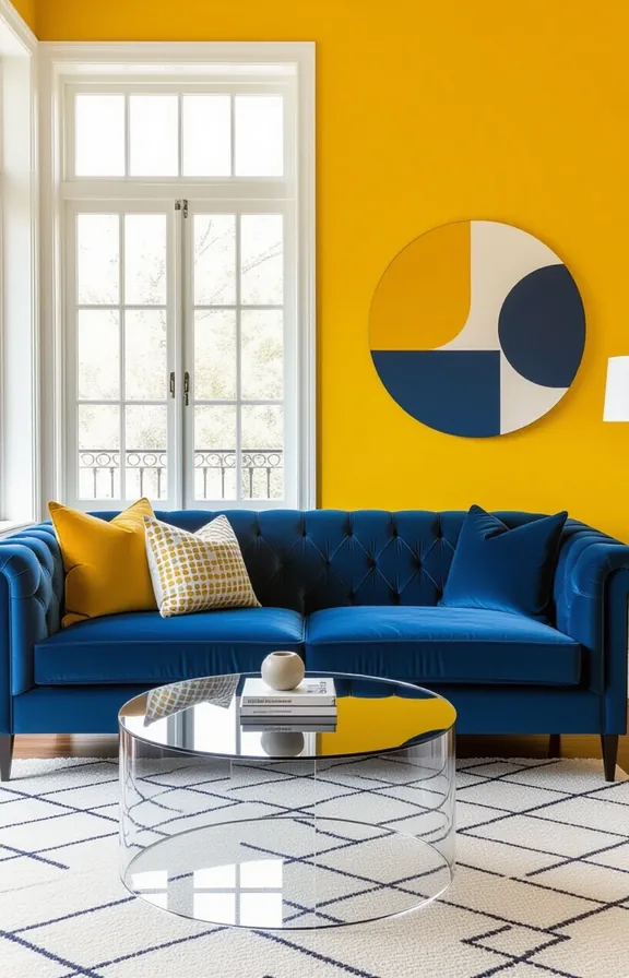 Wide shot deep primary blue velvet sofa living
