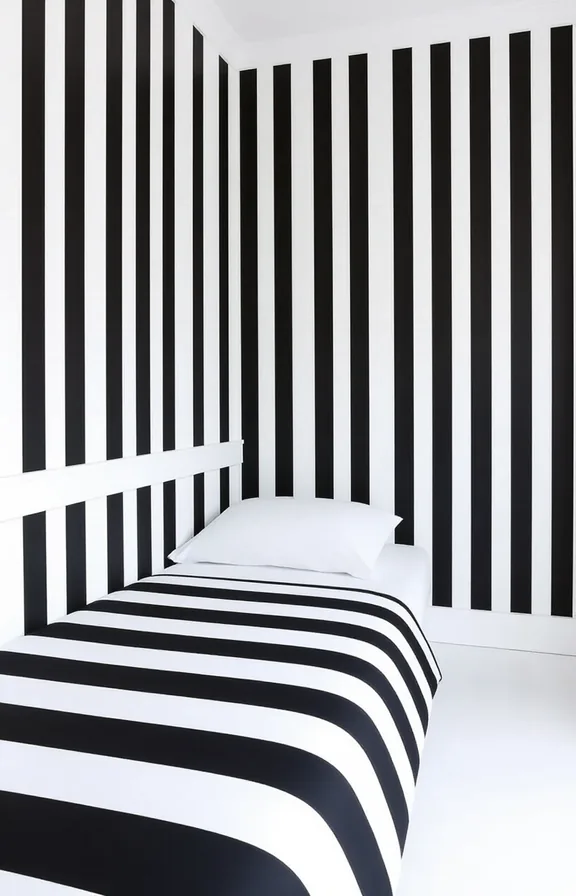 Eye-level view bedroom with thick black and white