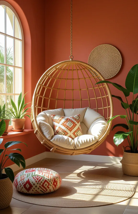 Three-quarter view large spherical rattan hanging chair sunroom