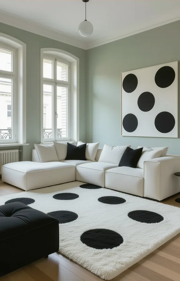 Wide shot living room with oversized white rug
