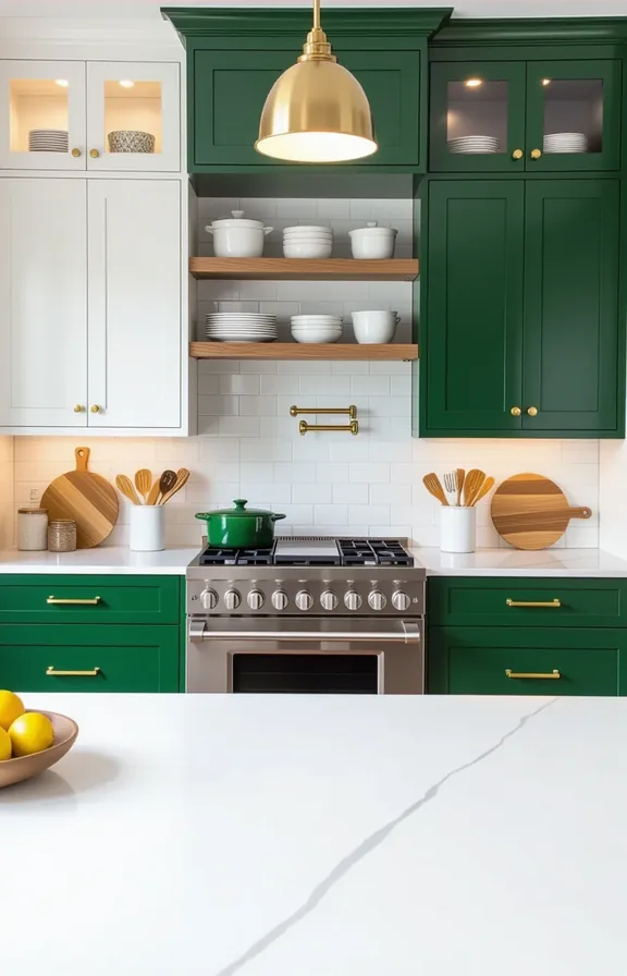 Medium shot kitchen with high-gloss forest green lower cabinets.