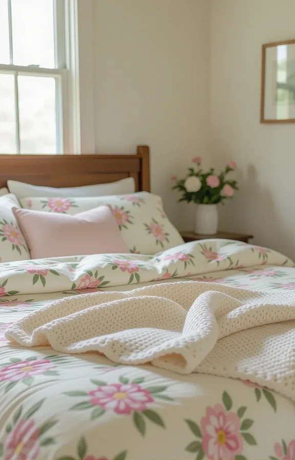 Eye-level medium shot softly made bed with floral