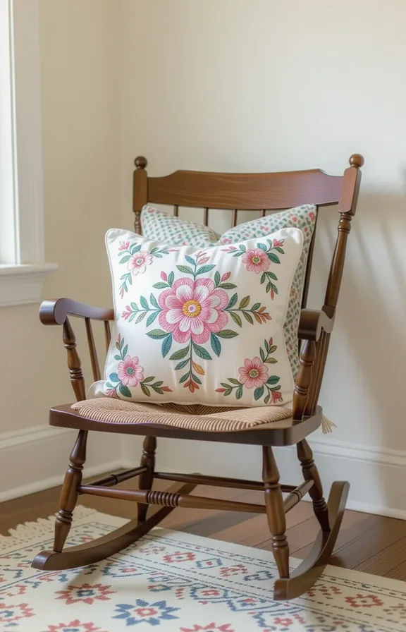 3/4 view medium shot embroidered floral pillow propped