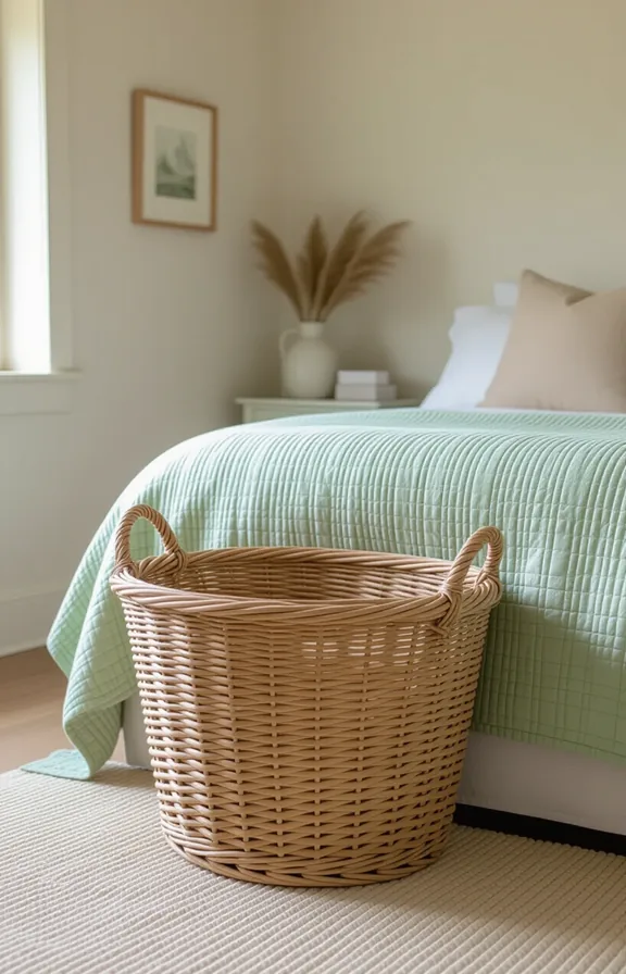 Eye-level medium shot pale green painted wicker laundry