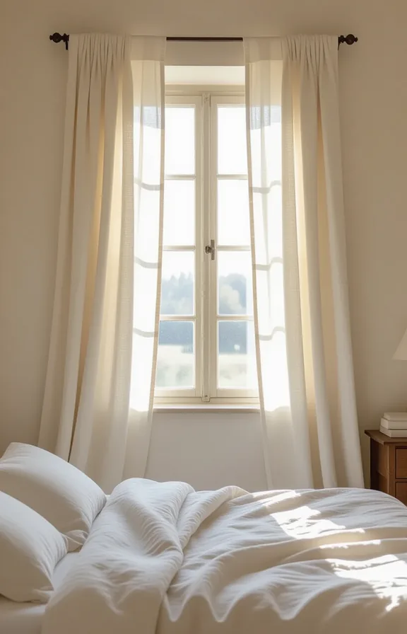Eye-level medium shot window dressed with antique linen