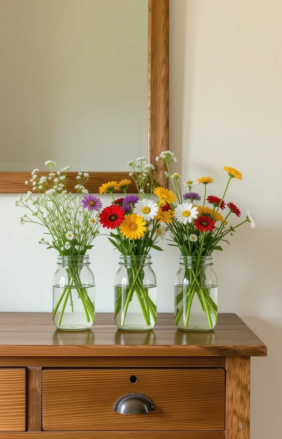 3/4 view medium shot group clear mason jars