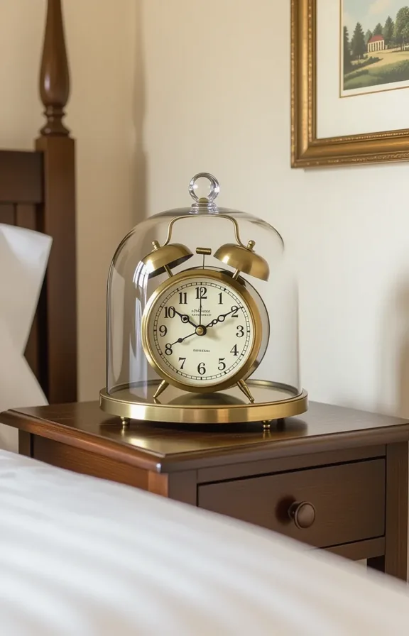 Eye-level medium shot vintage brass alarm clock under