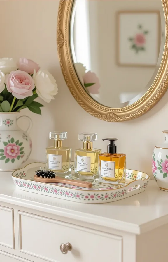 3/4 view medium shot decorative ceramic tray dresser