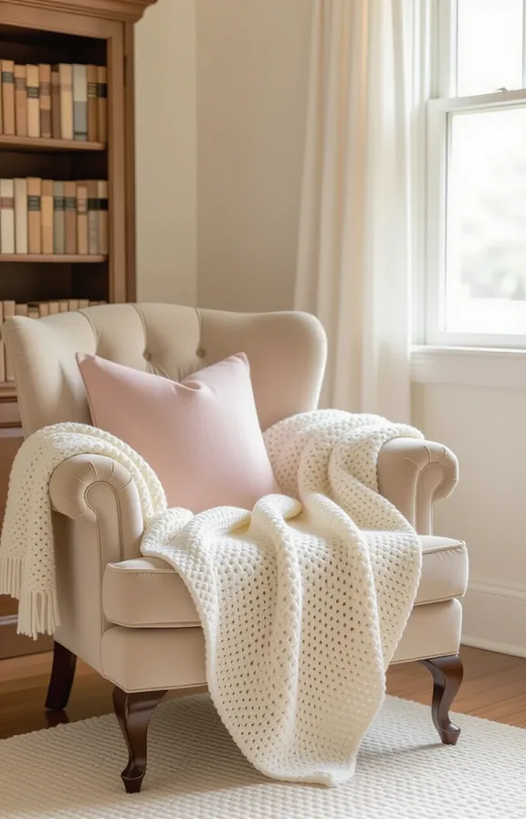 Eye-level medium shot delicate ivory crochet throw artfully