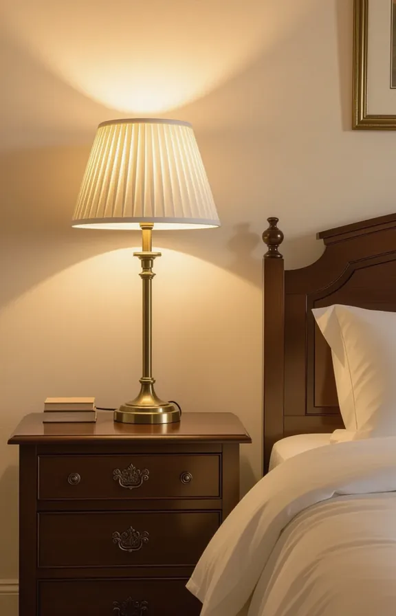 Eye-level medium shot vintage brass table lamp with a cream pleated shade on a wooden nightstand.