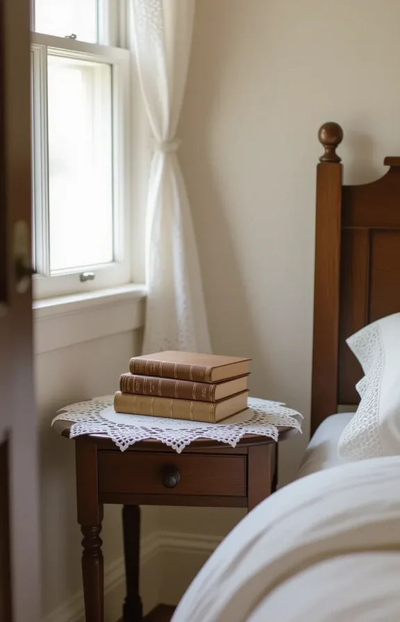 Eye-level medium shot small wooden bedside table topped