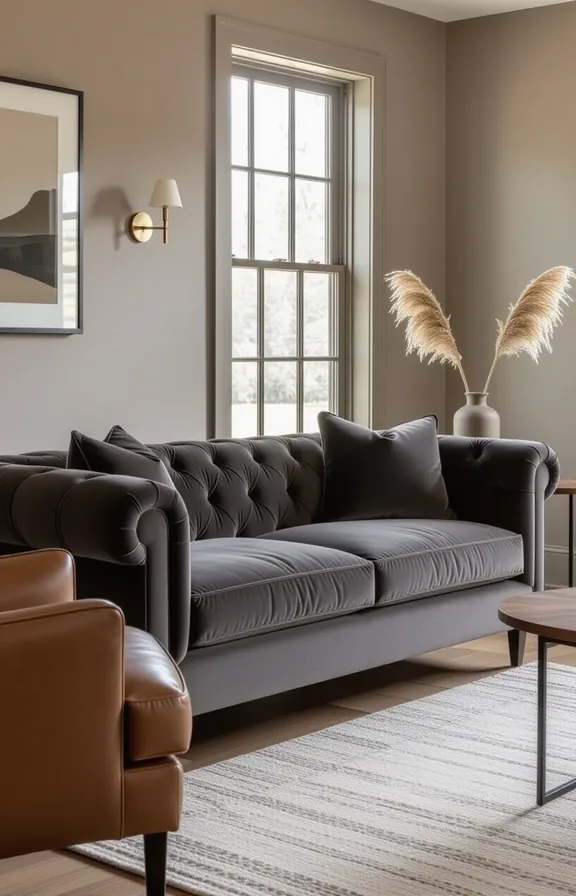 Medium shot deep charcoal grey velvet sofa living