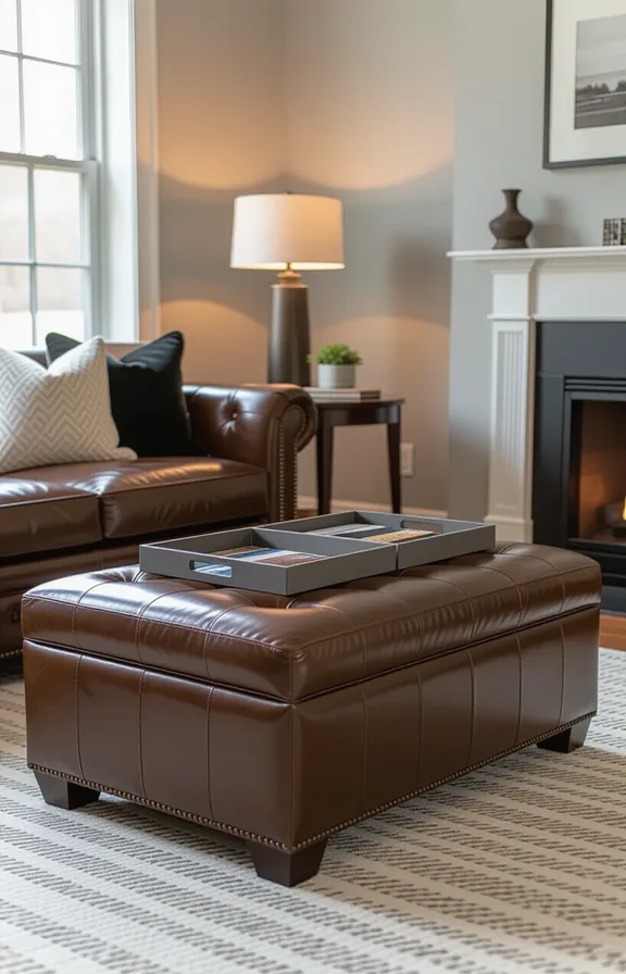 Medium shot long brown leather ottoman bench serving