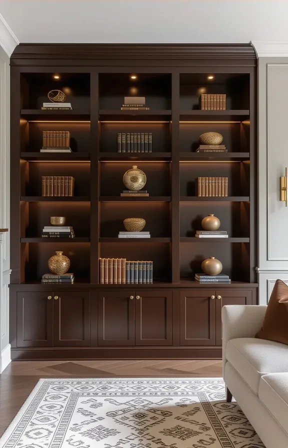 Wide shot floor-to-ceiling built-in shelving units painted deep