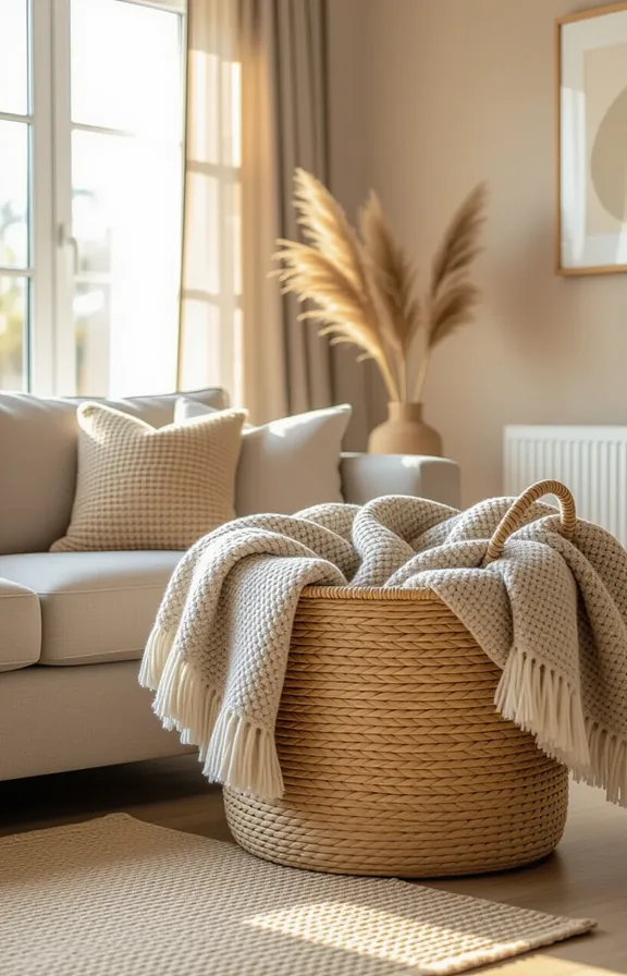 Medium shot large grey woven seagrass basket holding