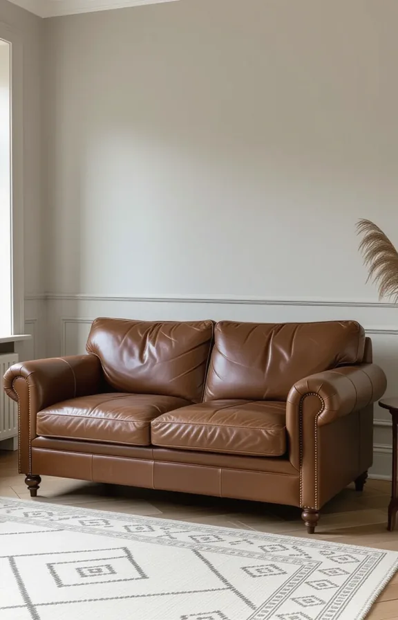 Wide shot tobacco brown leather sofa the main