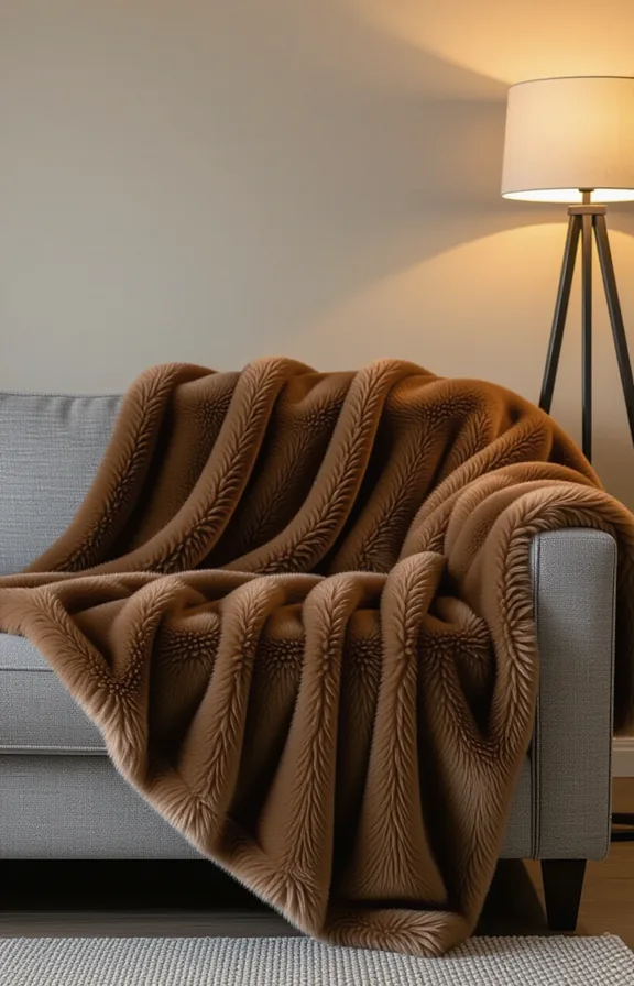 Medium shot large brown faux fur blanket draped