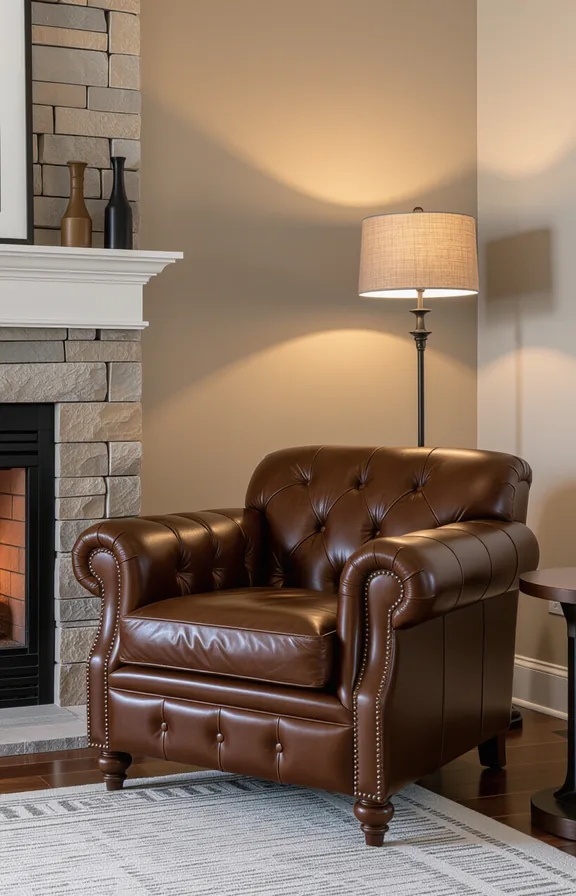 Medium shot rich brown leather club chair living