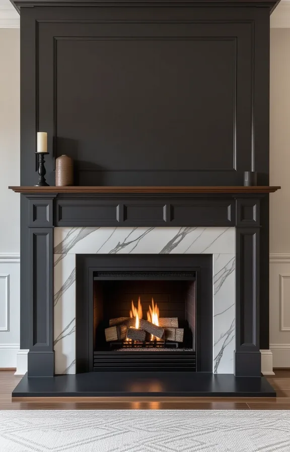 Wide shot fireplace surround painted deep graphite grey