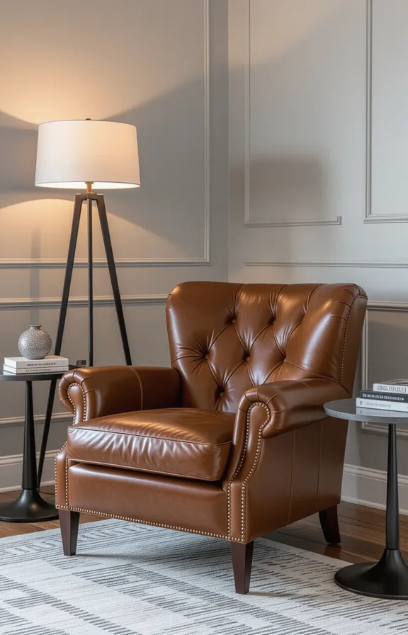 Medium shot cognac brown leather accent chair living