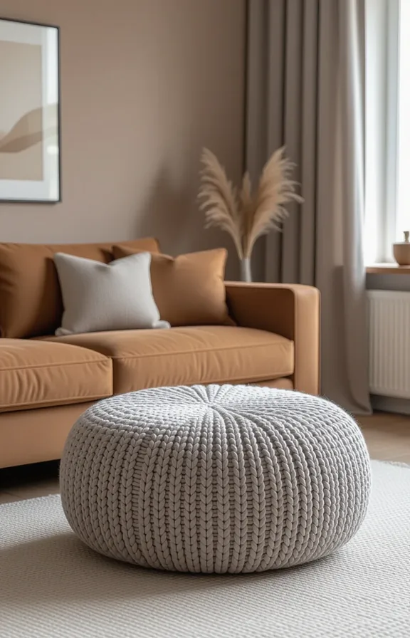 Medium shot chunky grey knit pouf ottoman used