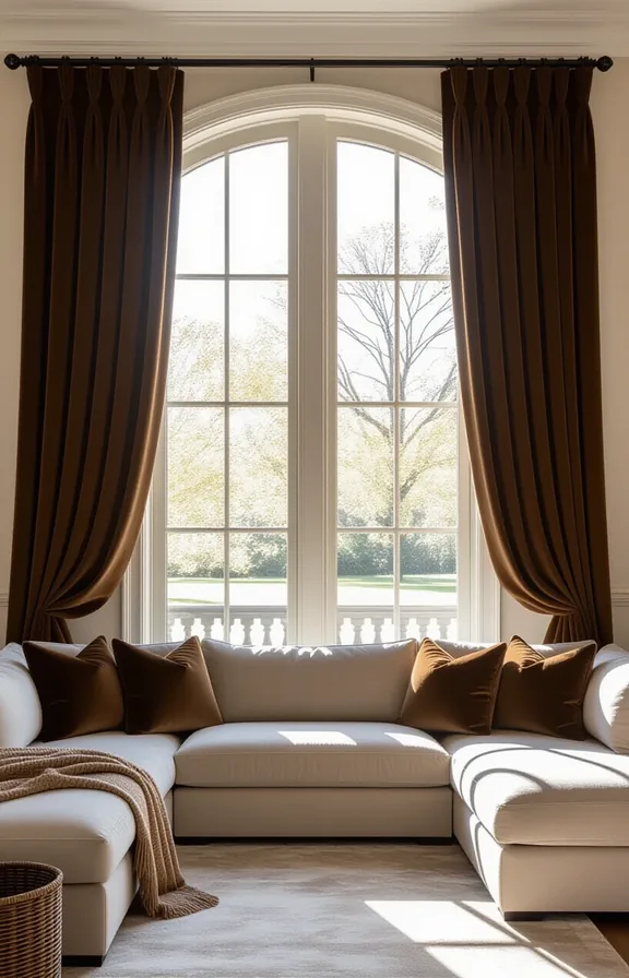 Wide shot heavy mocha brown velvet drapery panels