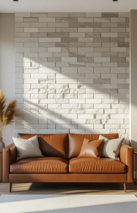 Wide shot accent wall covered stone grey brick