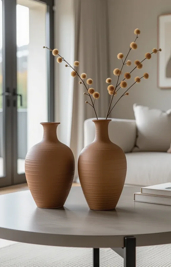 medium shot pair burnt umber brown ceramic vases
