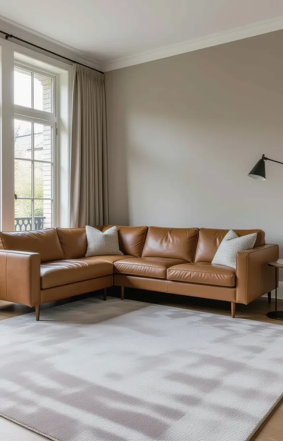 Wide shot plush medium grey carpet covering living