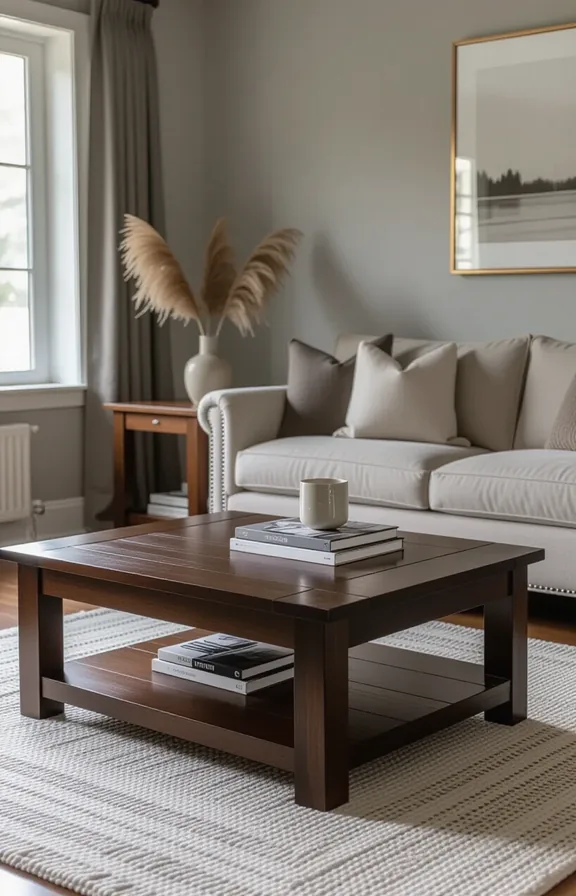 Medium shot solid dark brown wood coffee table