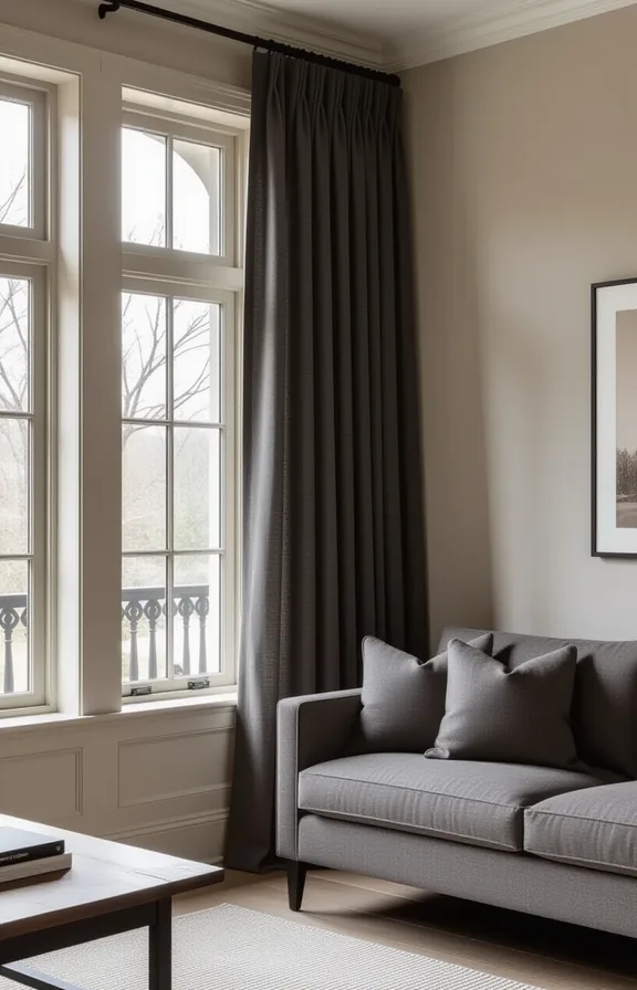 Medium shot floor-to-ceiling charcoal grey linen curtain panels