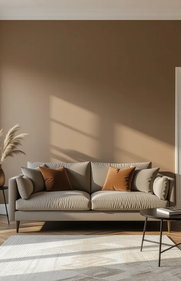 Wide shot single wall painted warm mushroom taupe