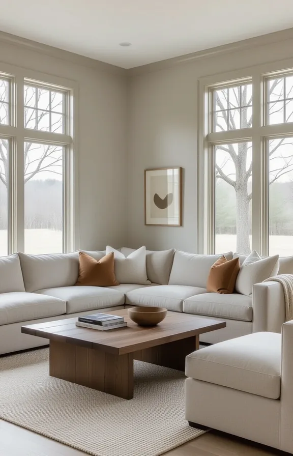 Wide shot large sectional sofa muted mushroom grey