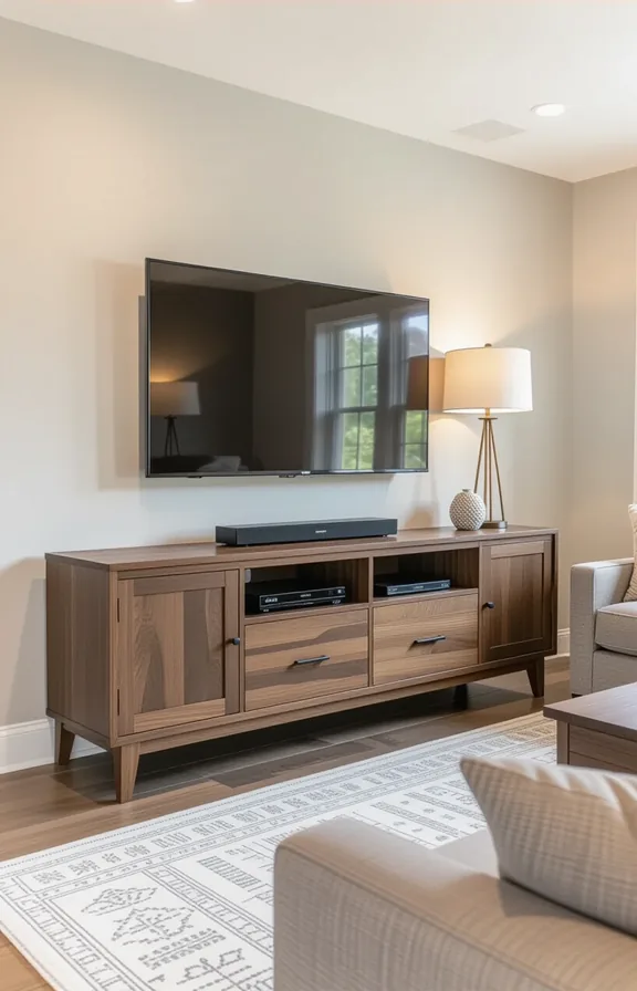 Medium shot long media console dark walnut wood