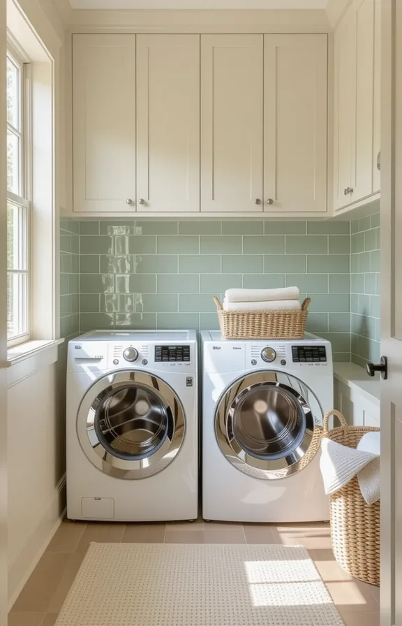 medium shot eye-level view small laundry room with