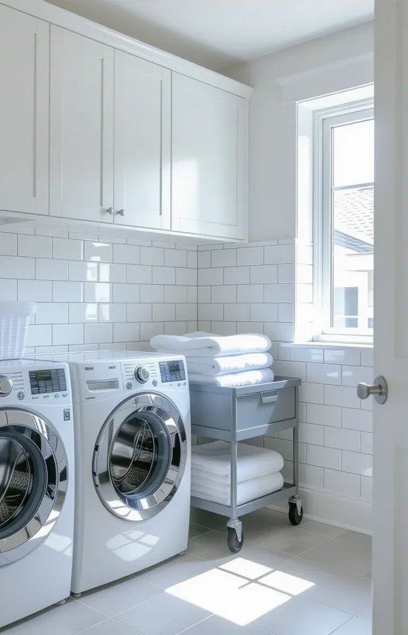 vertical eye-level view laundry area. Removable subway tile