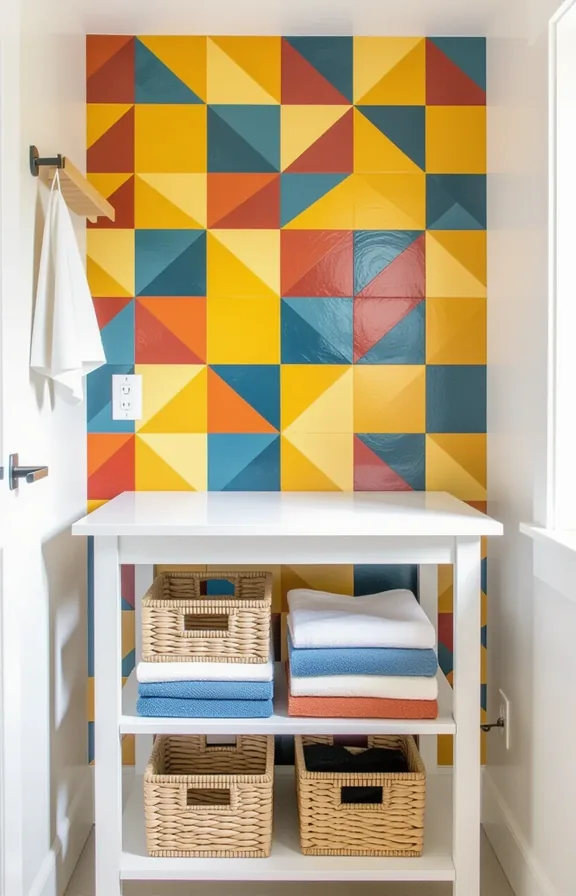 vibrant medium shot small laundry nook. The backsplash