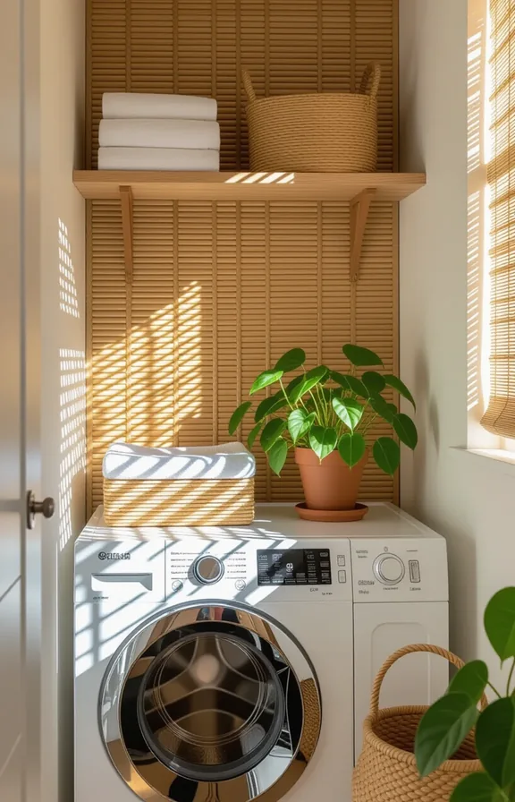 A rental laundry nook with a white stacked washer-dryer. The backsplash wall features woven rattan peel-and-stick tiles, adding warmth and texture. A simple wood shelf holds folded towels above the machine.