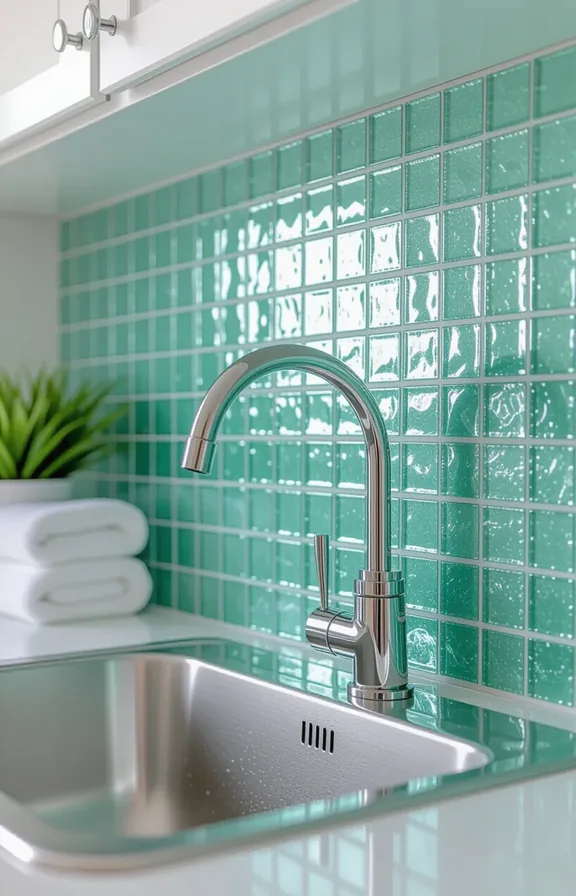 medium shot laundry room backsplash area. Removable mosaic