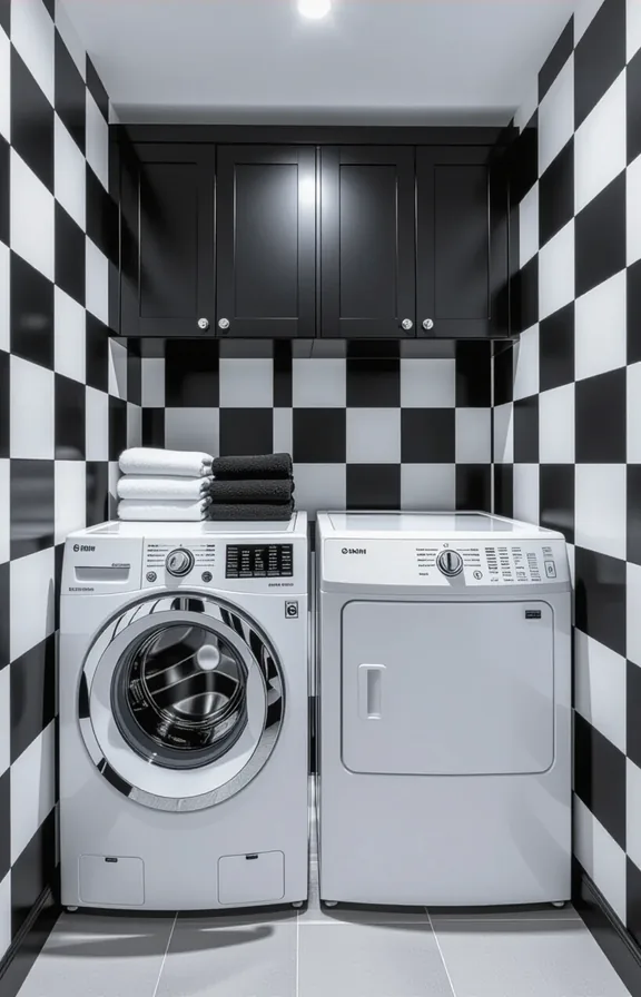 graphic compact laundry space. The wall behind the