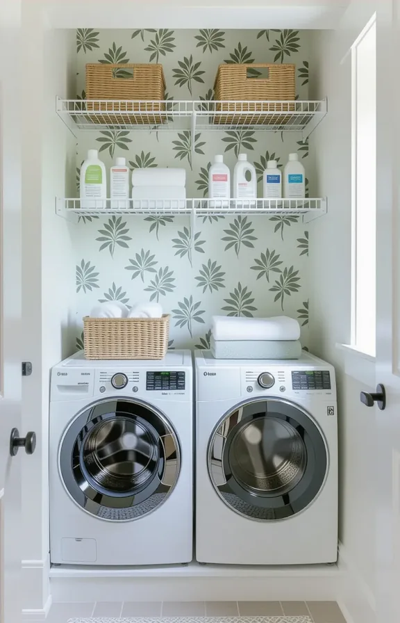 vertical medium-wide shot compact laundry nook. The focal